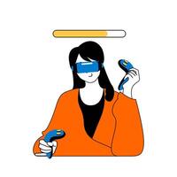 Virtual reality concept with cartoon people in flat design for web. Woman in VR headset and joystick controllers playing video game. Vector illustration for social media banner, marketing material.