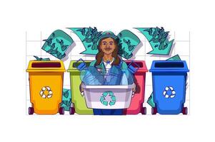 Waste management concept with people scene in flat cartoon design for web. Woman collects and separates into trash bins for recycle. Vector illustration for social media banner, marketing material.