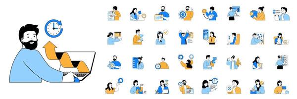 Time management concept with character situations mega set in flat web design. Bundle of scenes people scheduling tasks, making organization of job project, efficiency work time. Vector illustrations.