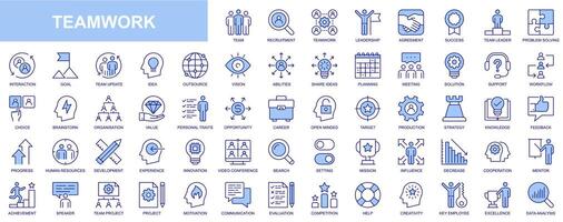 Teamwork web icons set in blue line design. Pack of team, recruitment, leadership, agreement, success, leader, problem solving, interaction, goal, idea, vision, other. Vector outline stroke pictograms