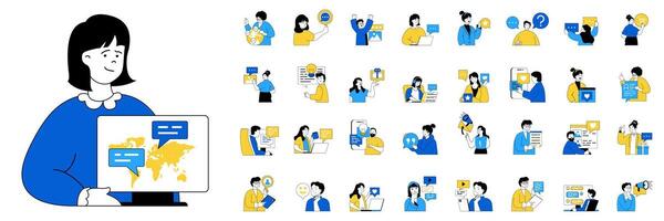 Social media concept with character situations mega set in flat web design. Bundle of scenes people connecting online, sending messages, briwsing news, networking in mobile app. Vector illustrations.