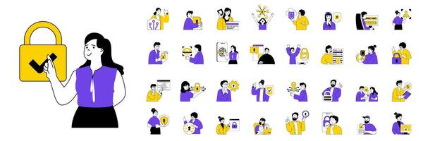 ciber seguridad concepto con personaje situaciones mega conjunto en plano web diseño. haz de escenas personas proteger datos, utilizando cortafuegos proteger, huella dactilar identidad, seguro acceso. vector ilustraciones.