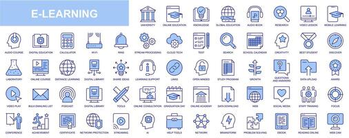 E-learning web icons set in blue line design. Pack of university, online education, knowledge, global, audio book, video lesson, course, cloud processing, test, other. Vector outline stroke pictograms