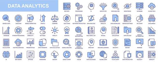 datos analítica web íconos conjunto en azul línea diseño. paquete de base de datos, grande datos proceso, ai, supervisión, tráfico, hospedaje servicio, mejoramiento, respaldo, gráfico y otro. vector contorno carrera pictogramas