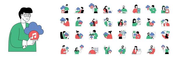 Cloud computing concept with character situations mega set in flat web design. Bundle of scenes people using cloud technology, upload files and make data backup with protection. Vector illustrations.