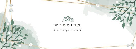 Wedding horizontal web banner. Elegant marriage invitation with abstract white flowers with green leaves in golden border. Vector illustration for header website, cover templates in modern design