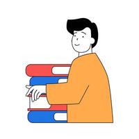 School learning concept with cartoon people in flat design for web. Student with stacks of books making homework, reading at library. Vector illustration for social media banner, marketing material.