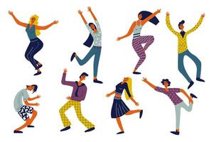 People dancing set in flat character design for web. Bundle persons of different women and men in motion, celebrating and moving at disco, jumping for fun and joy at discotheque. Vector illustration.