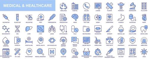 médico y cuidado de la salud web íconos conjunto en azul línea diseño. paquete de ambulancia, hospital, vocación, licencia, farmacia, microscopio, vacunación, ayuda, salud cuidado, otro. vector contorno carrera pictogramas