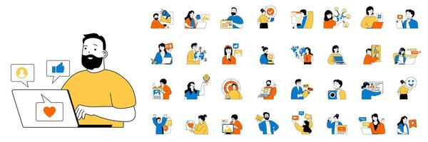 Social network concept with character situations mega set in flat web design. Bundle of scenes people chatting online, sending links, likes content, sharing information in app. Vector illustrations.