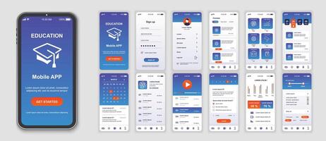 Education mobile app interface screens template set. Online account, courses, lessons list, university platform, progress statistic. Pack of UI, UX, GUI kit for application web layout. Vector design.