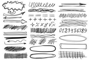 Doodle objects mega set in flat cartoon design. Bundle of ink line arrows, numbers, plus, equal, division, grids, handwritten textures and other shapes. Vector illustration isolated graphic symbols