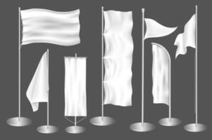 Outdoor banners mega set in 3d realistic design. Bundle elements of white empty mockups of flags and posters on steel poles for advertising and promotion. Vector illustration isolated graphic objects