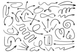 Doodle arrows mega set in flat cartoon design. Bundle elements of ink line pointers with different directions, swirl, repeat, down, right, up and other. Vector illustration isolated graphic objects