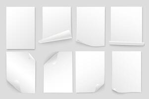 Paper sheets mega set in 3d realistic design. Bundle elements of white office document templates in A4 format with curling edges and empty text space. Vector illustration isolated graphic objects