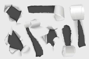 Torn paper holes mega set in 3d realistic design. Bundle elements of different types of ragged white pages and holes with bursting curled ripped edges. Vector illustration isolated graphic objects