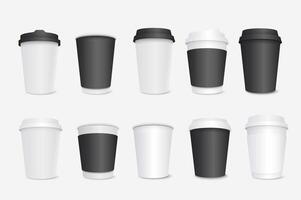 Paper coffee cups mega set in 3d realistic design. Bundle elements of white and black cardboard containers with lids for latte, mocha, cappuccino drinks. Vector illustration isolated graphic objects