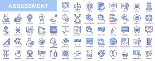 Assessment web icons set in blue line design. Pack of process, report, feedback, auditor, solution, strategy, time management, decrease, result, data analysis, other. Vector outline stroke pictograms