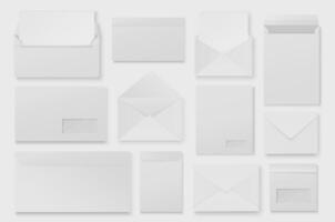 White envelopes mega set in 3d realistic design. Bundle elements of different formats of closed and open mail envelope mockups for documents and letters. Vector illustration isolated graphic objects