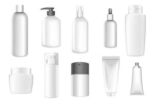 Cosmetic packages mega set in 3d realistic design. Bundle elements of white containers with empty text spaces of shampoo bottle, cream tube, lotion, other. Vector illustration isolated graphic objects