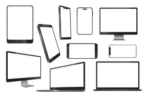 Devices and gadgets mega set in 3d realistic design. Bundle elements of tablets, smartphones, computers, televisions, laptops with empty white screens. Vector illustration isolated graphic objects