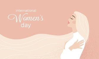 International Womens Day banner, March 8. A beautiful girl hugs herself. Self-love. Inscription. Vector flat illustration