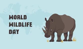 bandera mundo fauna silvestre día, marzo 3. negro rinocerontes amenaza de extinción. fauna, animal. vector dibujos animados ilustración