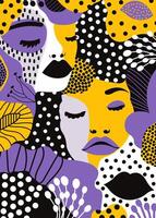 Yellow and purple female faces pattern vector