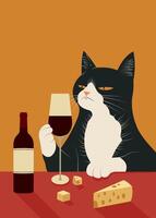 Cat with a glass of wine illustration vector