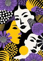 Yellow and purple female faces pattern vector