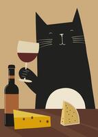 Cat with a glass of wine illustration vector