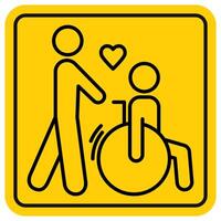 Volunteer helping a person who uses a wheelchair. Accessibility icon, square yellow pictogram, outline. Editable stroke. Concept of caring for a person with disabilities. Vector symbol, flat style.