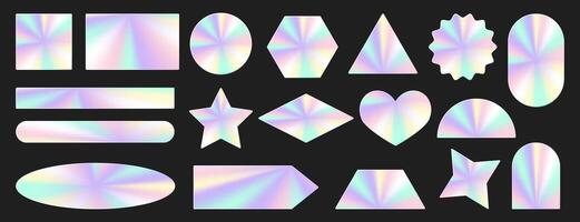 Set of holographic stickers. Hologram labels of different geometric shapes with iridescent foil adhesive film. Colored blank rainbow shiny emblems, figures. Vector illustration.