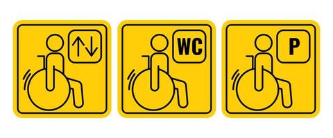 Accessibility icon set for people who use wheelchairs, square yellow pictogram, black outline. Editable stroke, color. Toilet, elevator, parking sign. Vector symbol, minimalist flat style