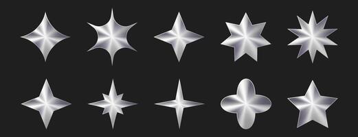 Set of holographic silver stars, geometric shapes. Modern abstract chrome forms, trendy design elements, shiny metallic effect, vector collection for poster, project, banner, logo, social media