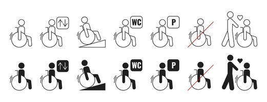 Accessibility icon set for disabled people in wheelchairs, pictogram outline. Editable stroke, color. Toilet, elevator, parking sign for handicapped people.Vector symbol, minimalist flat style vector