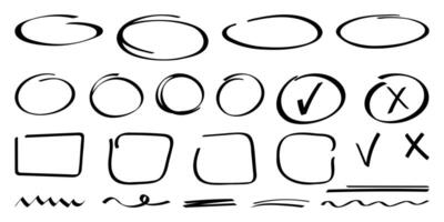 Set of hand drawn circles, ovals, square, checkmark and cross, various underlinings. Highlight circle frames. Ellipses, shapes, figures in doodle flat style. Vector illustration for web design