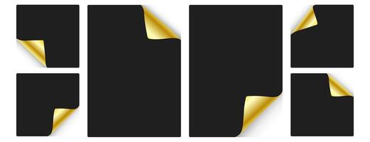 conjunto de negro vacío papel pegatinas con rizado dorado bordes cuadrado, a4 formato, página rizo torneado efecto. vector ilustración en aislado fondo, diseño elementos