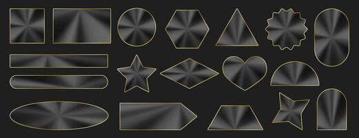 Set of black and gold holographic stickers. Vector various geometric shapes with gold frame. Luxury, vip, premium golden labels. Isolated background