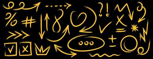 conjunto de tiza flechas, formas mano dibujado amarillo carbón símbolos para diseño. varios curvo flechas, remolinos, círculos, cheque marcas, matemático señales. vector garabatear, aislado negro tablero
