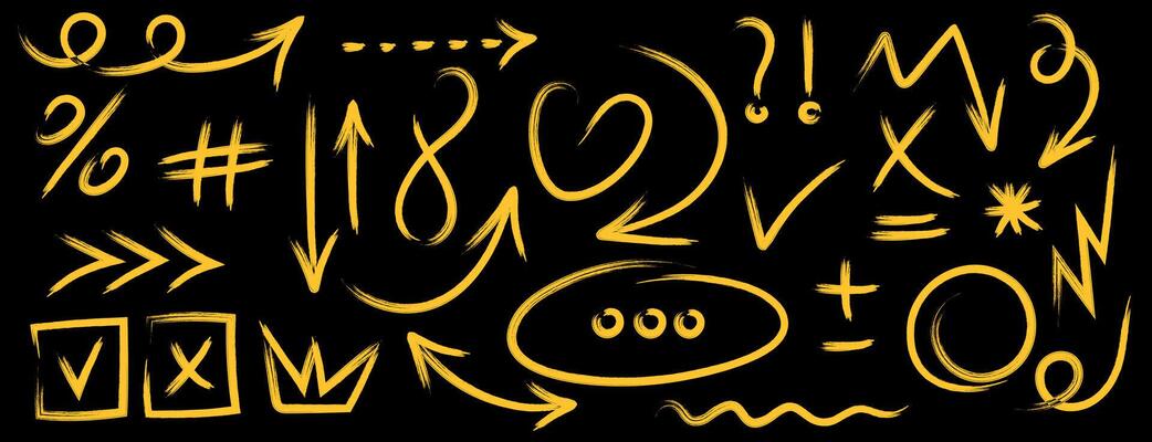 Set of chalk arrows, shapes. Hand drawn yellow charcoal symbols for design. Various curved arrows, swirls, circles, check marks, mathematical signs. Vector doodle, isolated black board