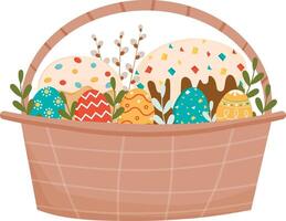 Easter basket with panettone, eggs with ornament, green leaves and willow sprigs. Happy easter greeting card. Vector illustration isolated on white background