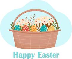 Easter basket with panettone, eggs with ornament, green leaves and willow sprigs, description Happy Easter. Happy Easter greeting card. Vector illustration isolated on white background