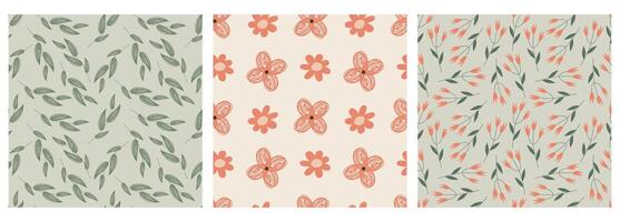 Set of seamless spring patterns. Flowers, plants, herbs. For packaging, wallpaper, clothing, bed linen, cover, background vector