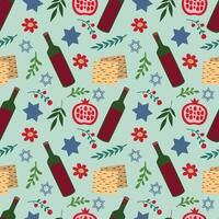 Seamless Passover pattern. Wine, matzo, fruits and flowers. For packaging, background, greeting card, textile vector