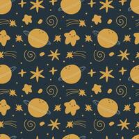 Seamless space pattern. Kawaii stars, planets for kids. Vector pattern for wallpaper, clothing, packaging, wrapping paper, bed linen