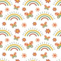 Seamless baby spring pattern. Rainbow, flowers, butterflies. Bright pattern for packaging, bed linen, clothing vector