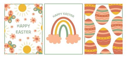 conjunto de Pascua de Resurrección tarjetas primavera concepto con flores, mariposas, Pascua de Resurrección huevos. vector