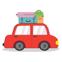 Red car with suitcases on the background isolated vector illustration on a white background in cartoon style