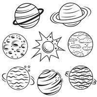 A set of space isolated icons of planets, satellites, UFOs and rockets. Vector illustration